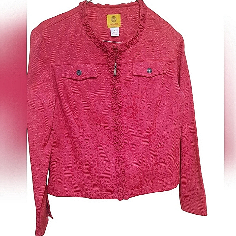Rare Vintage Ruby Rd Red Light Ruffle Embossed Brocade Jacket
